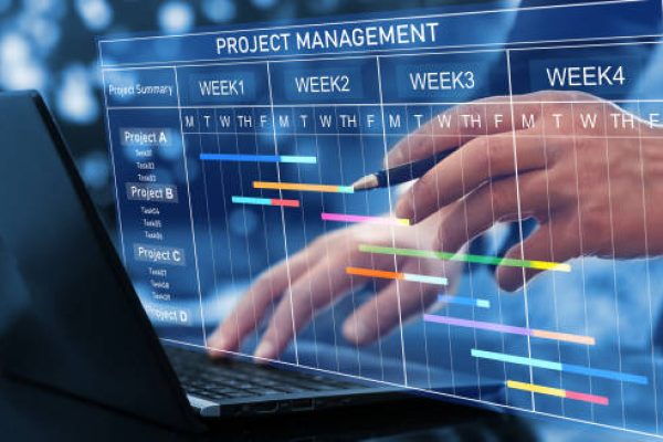 Project manager working on laptop and updating tasks and milestones progress planning with Gantt chart scheduling interface for company on virtual screen. Business Project Management System